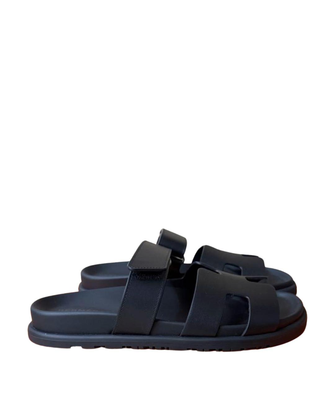 HERMES Черные кожаные шлепанцы, фото 1