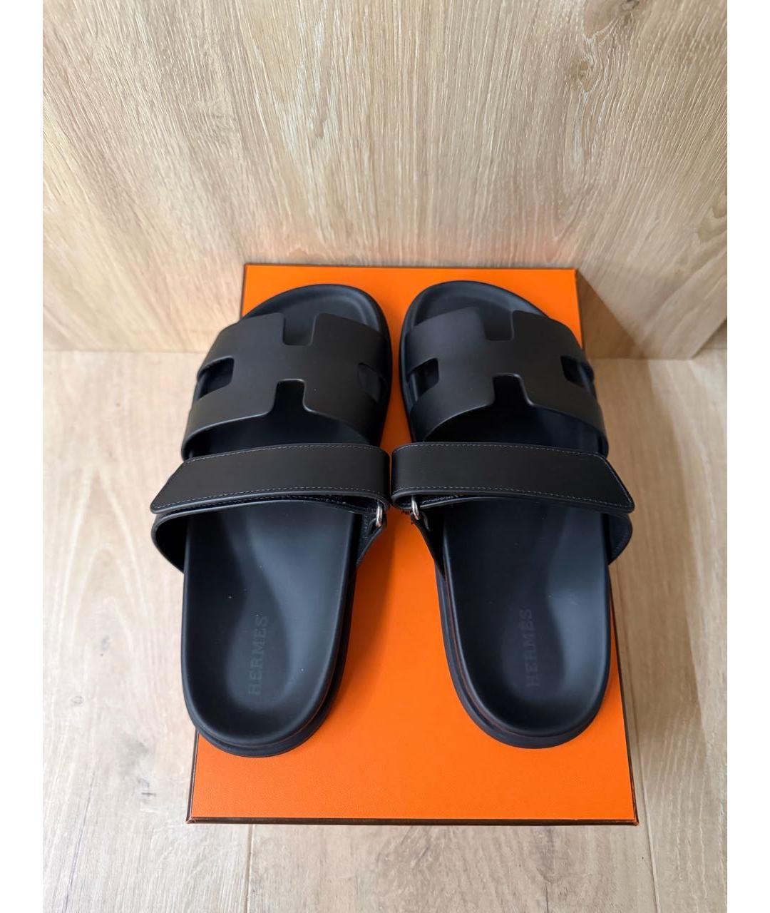 HERMES Черные кожаные шлепанцы, фото 3