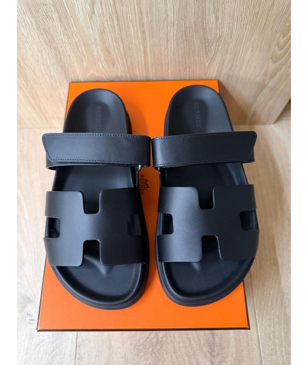 HERMES Черные кожаные шлепанцы, фото 2