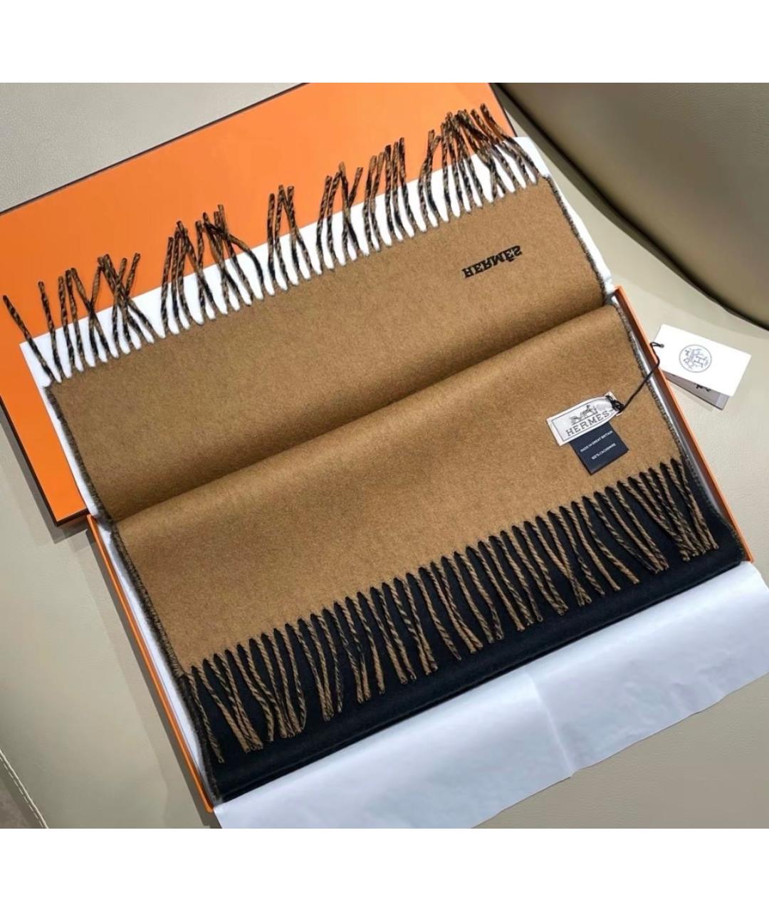 HERMES Коричневый кашемировый шарф, фото 3