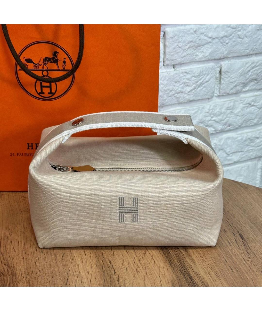 HERMES Бежевая тканевая косметичка, фото 6
