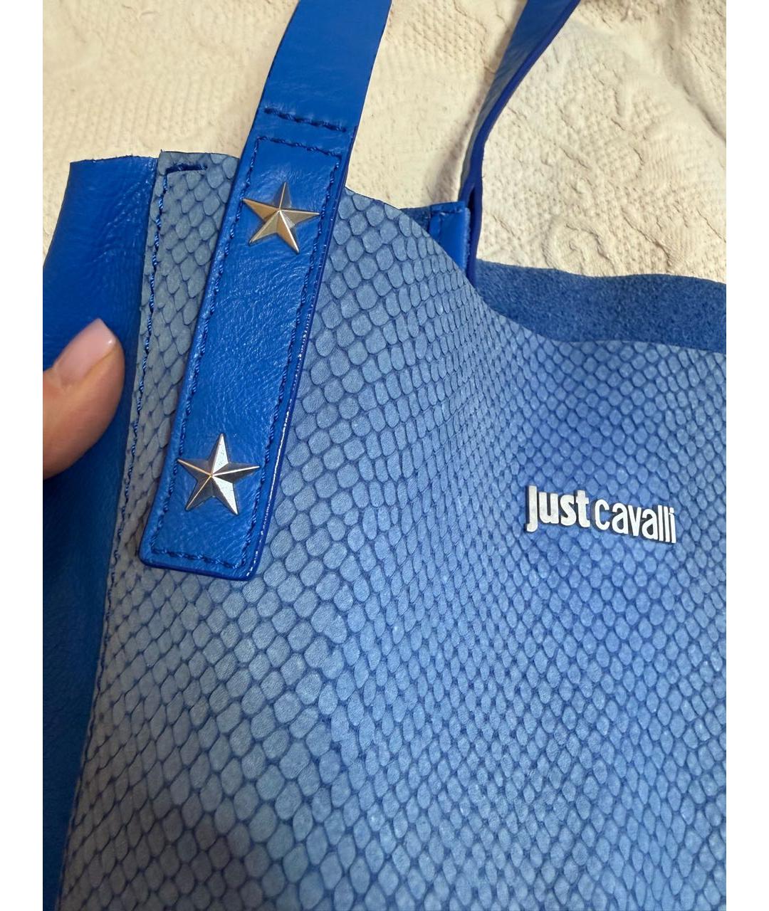JUST CAVALLI Синяя кожаная сумка тоут, фото 3