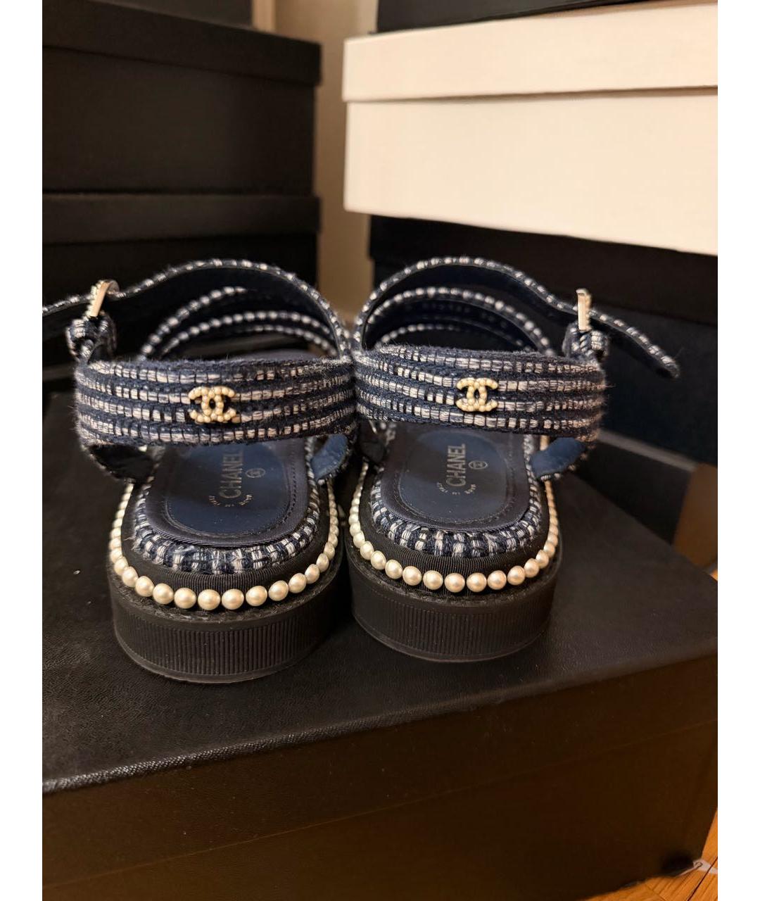 CHANEL Темно-синие текстильные сандалии, фото 4
