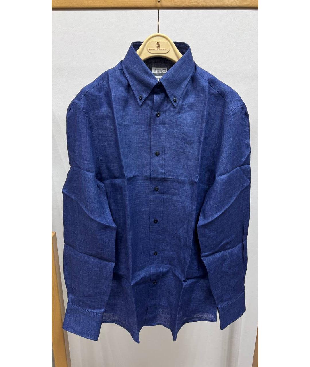 BRUNELLO CUCINELLI Темно-синяя льняная классическая рубашка, фото 3