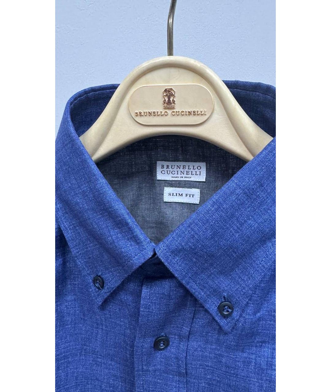 BRUNELLO CUCINELLI Темно-синяя льняная классическая рубашка, фото 2