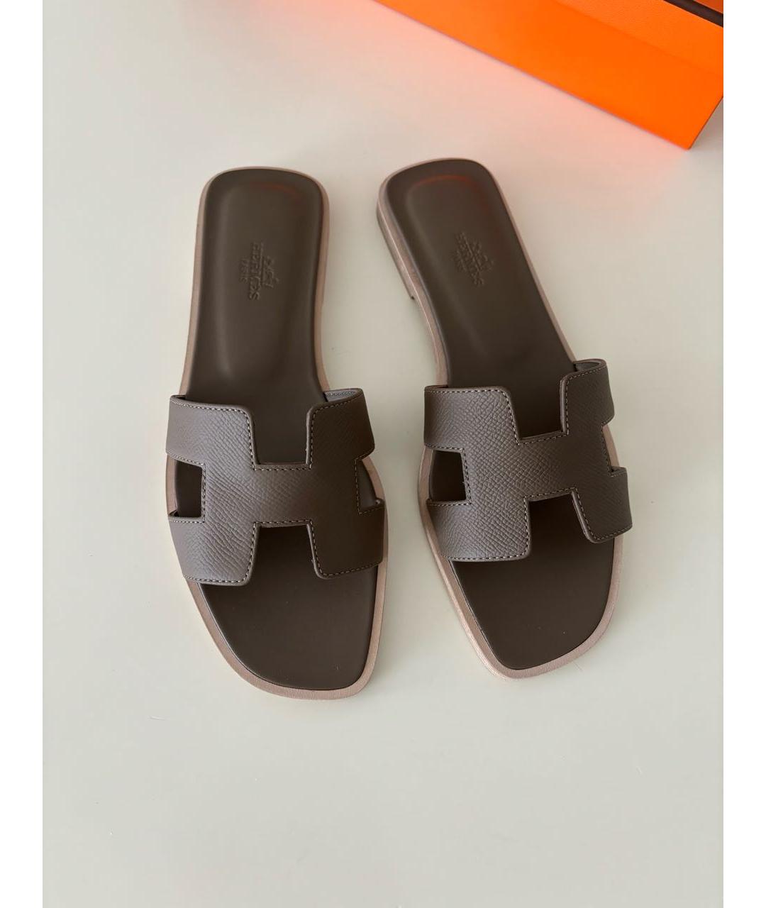 HERMES Коричневые кожаные шлепанцы, фото 2