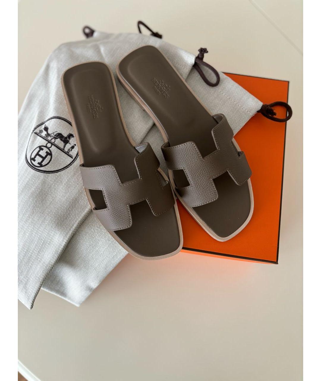 HERMES Коричневые кожаные шлепанцы, фото 6