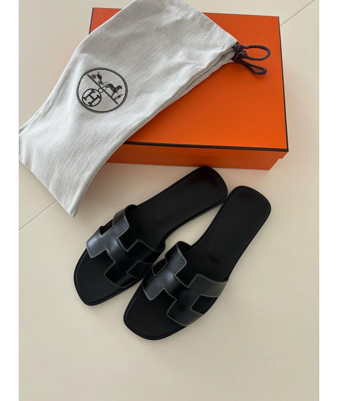 HERMES Черные кожаные шлепанцы, фото 7