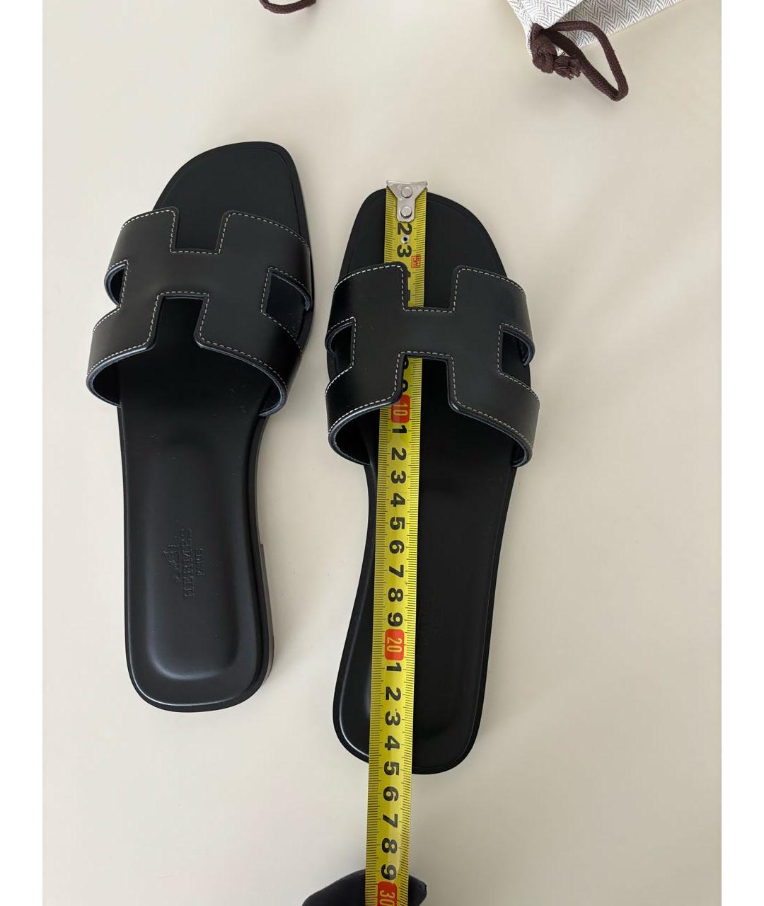 HERMES Черные кожаные шлепанцы, фото 6