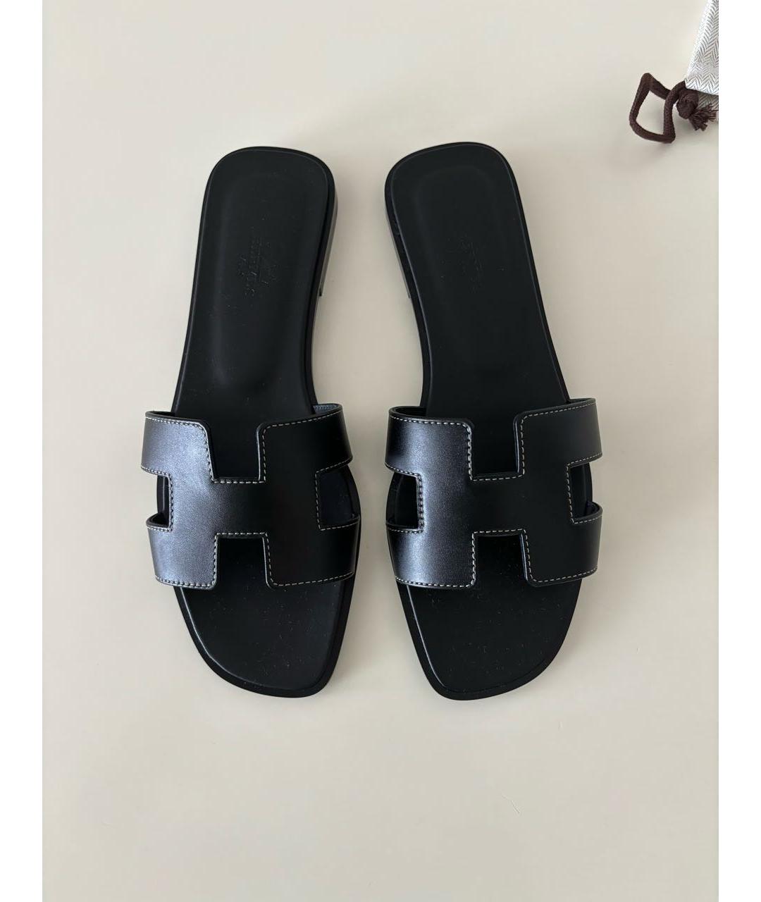 HERMES Черные кожаные шлепанцы, фото 2