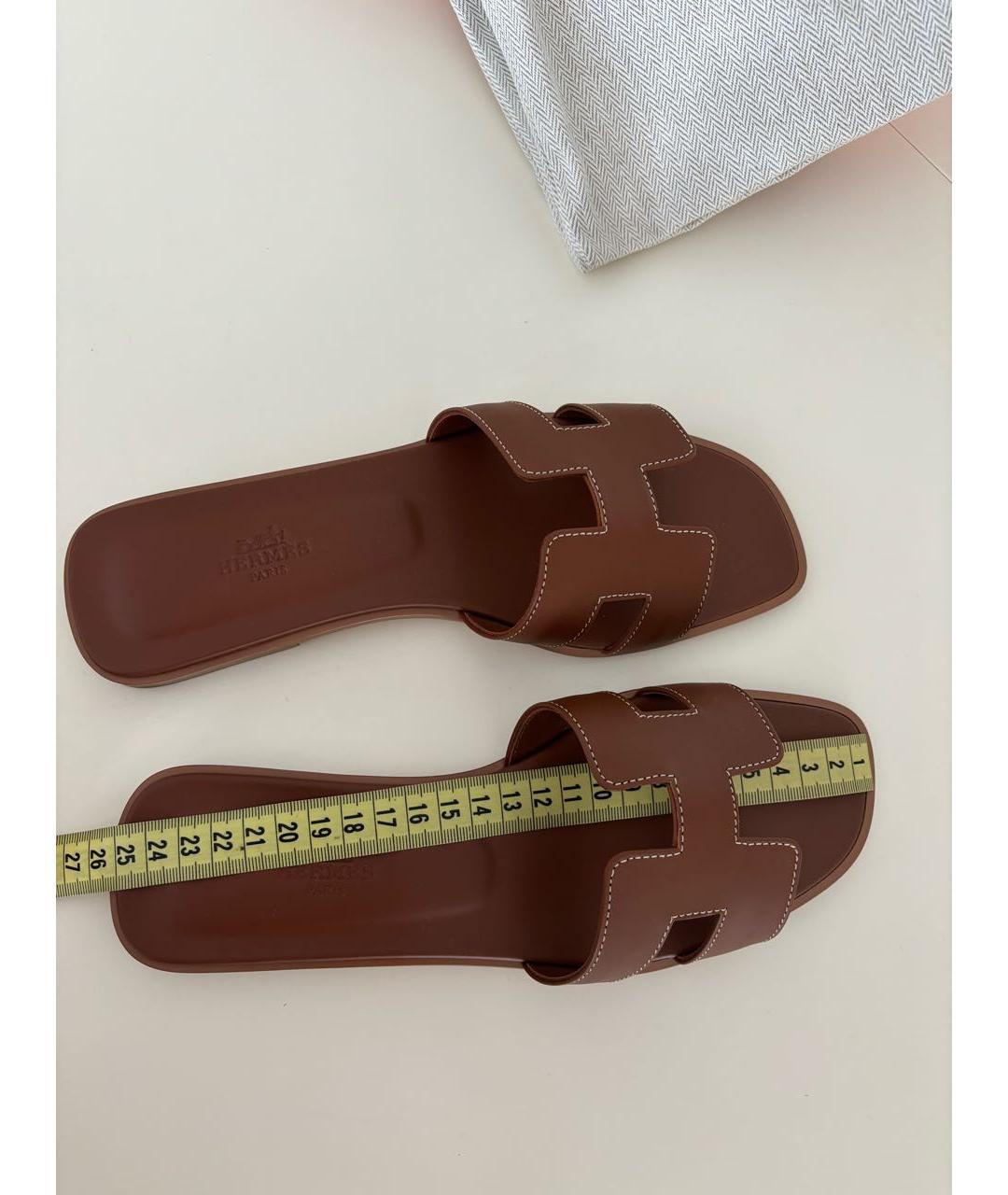 HERMES Коричневые кожаные шлепанцы, фото 5