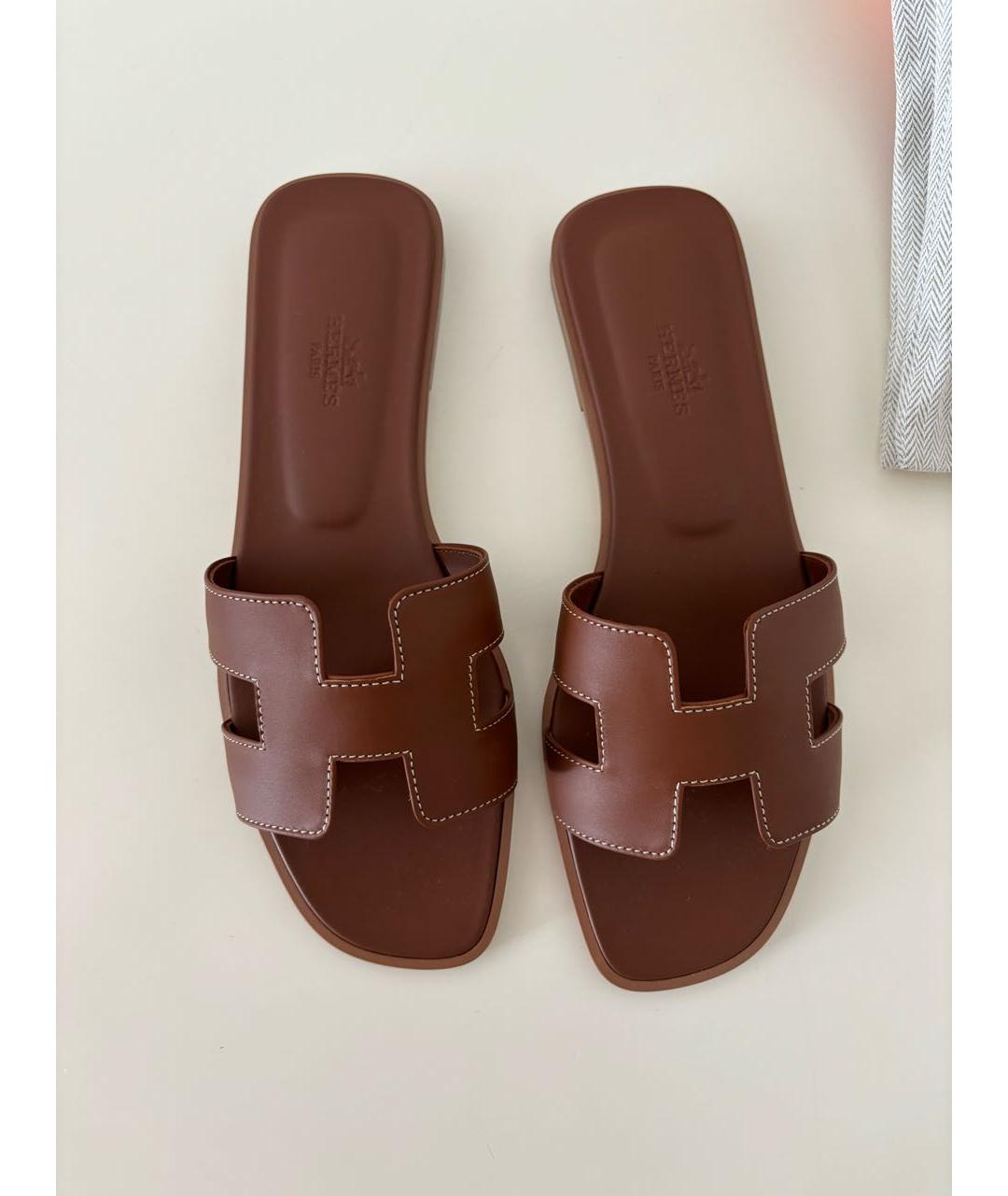 HERMES Коричневые кожаные шлепанцы, фото 2