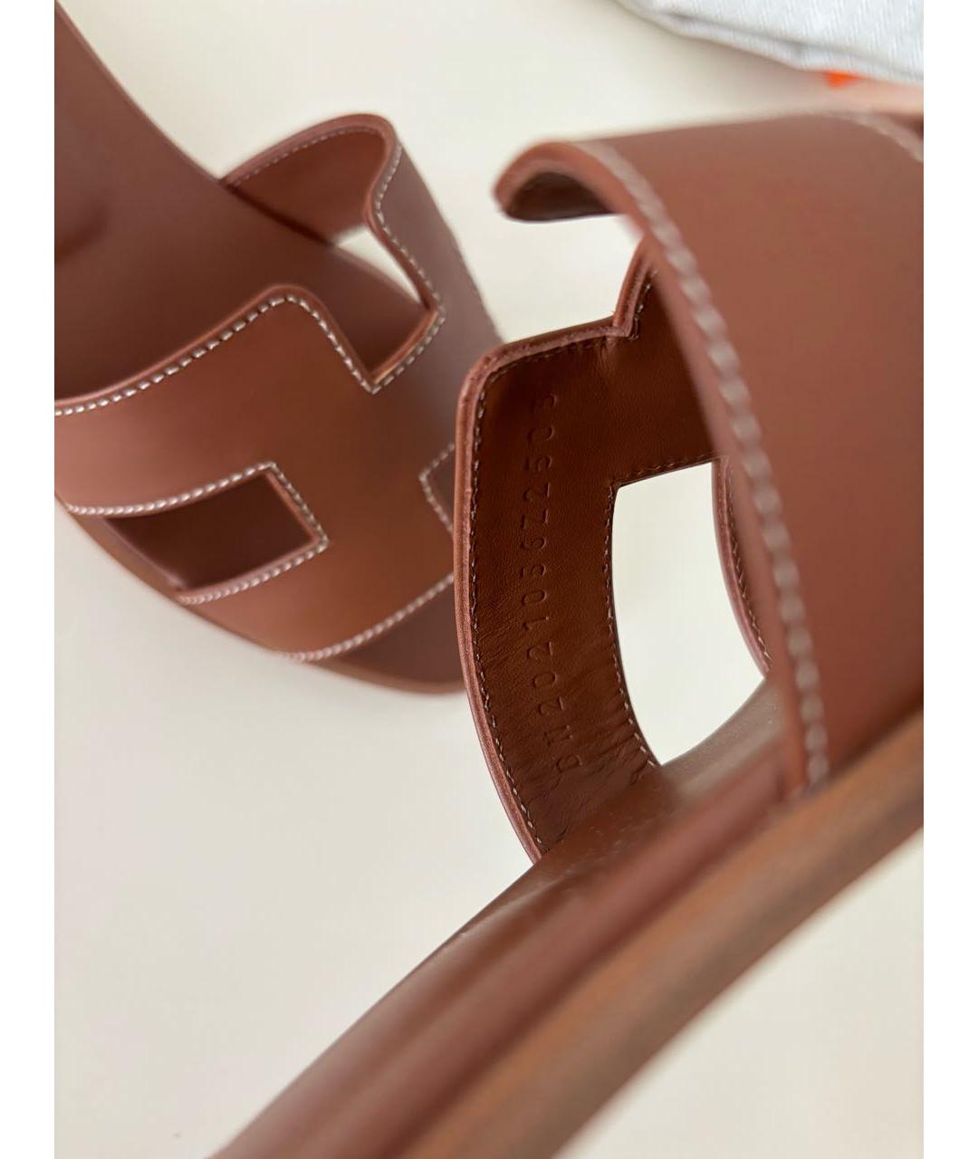HERMES Коричневые кожаные шлепанцы, фото 4