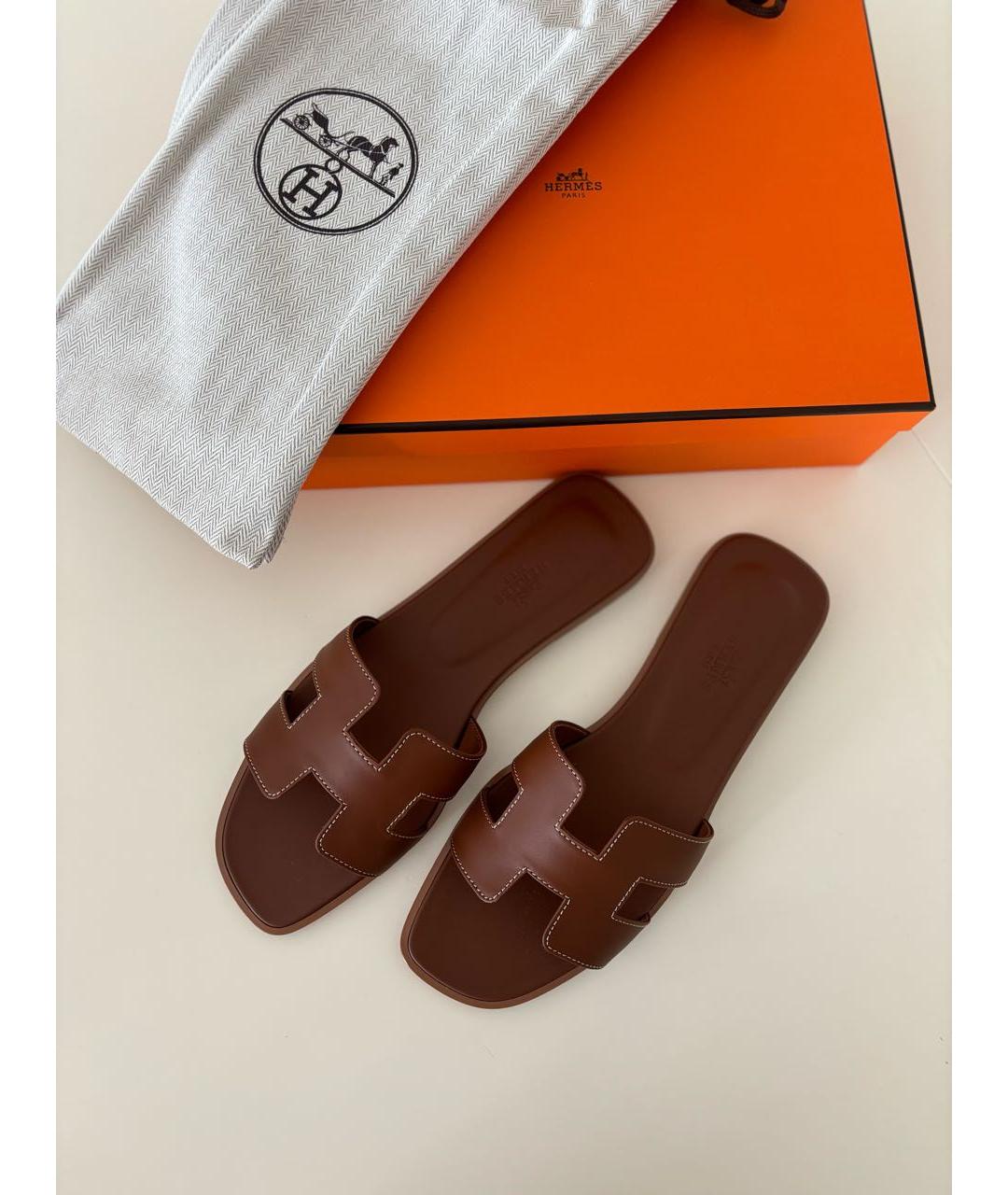 HERMES Коричневые кожаные шлепанцы, фото 6