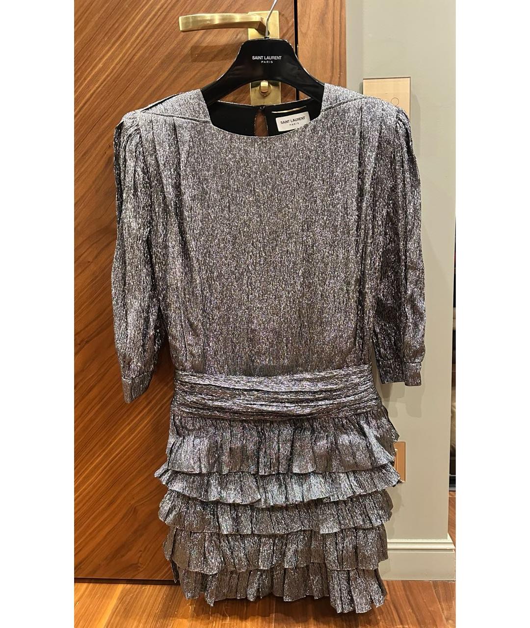 SAINT LAURENT Серебряное шелковое коктейльное платье, фото 4