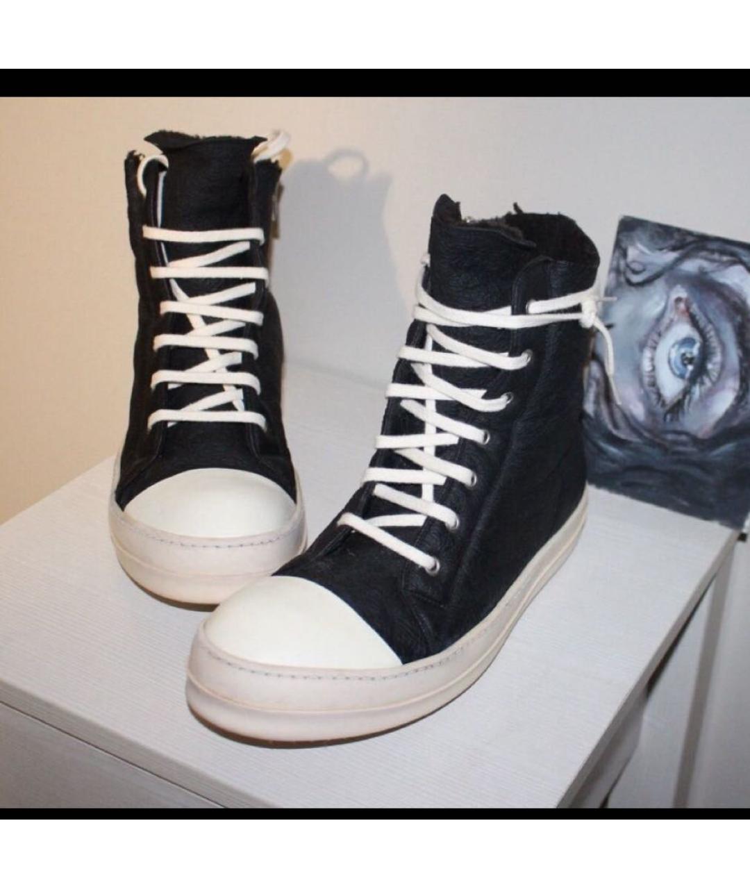 RICK OWENS Черные кожаные высокие кроссовки / кеды, фото 2