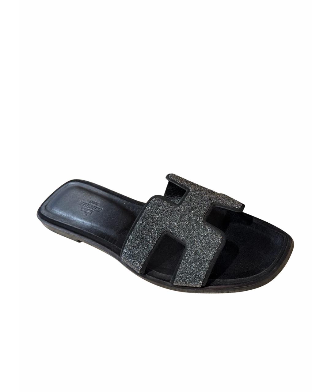 HERMES Серебряные кожаные шлепанцы, фото 1