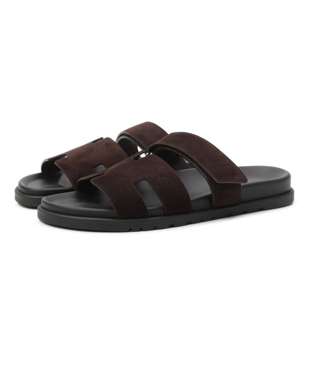 HERMES Коричневые замшевые шлепанцы, фото 2