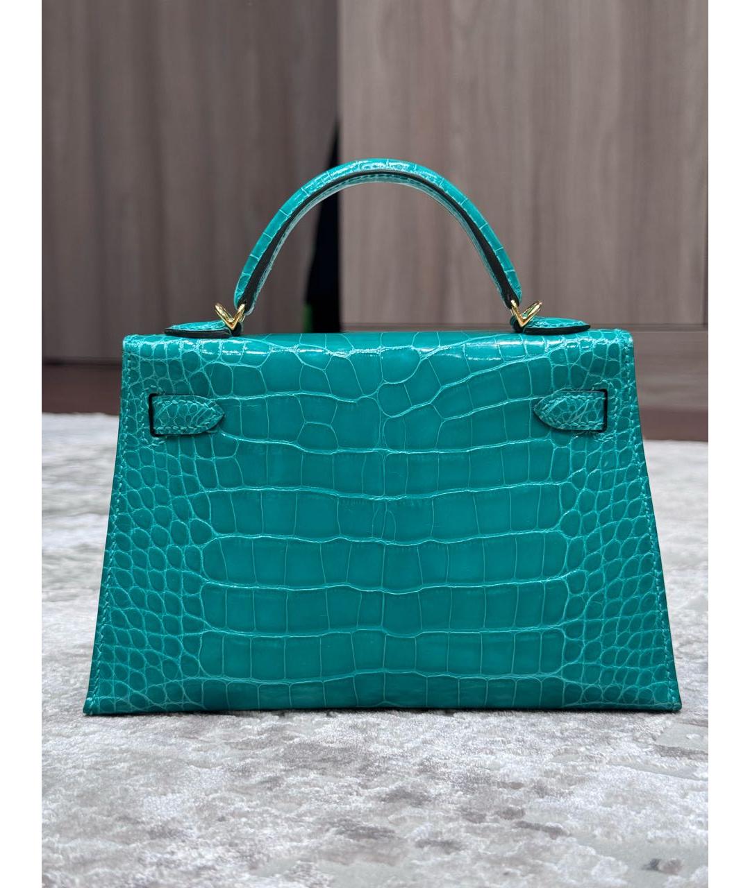 HERMES Бирюзовая сумка с короткими ручками из экзотической кожи, фото 3