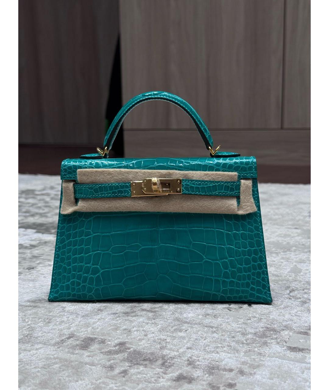 HERMES Бирюзовая сумка с короткими ручками из экзотической кожи, фото 5
