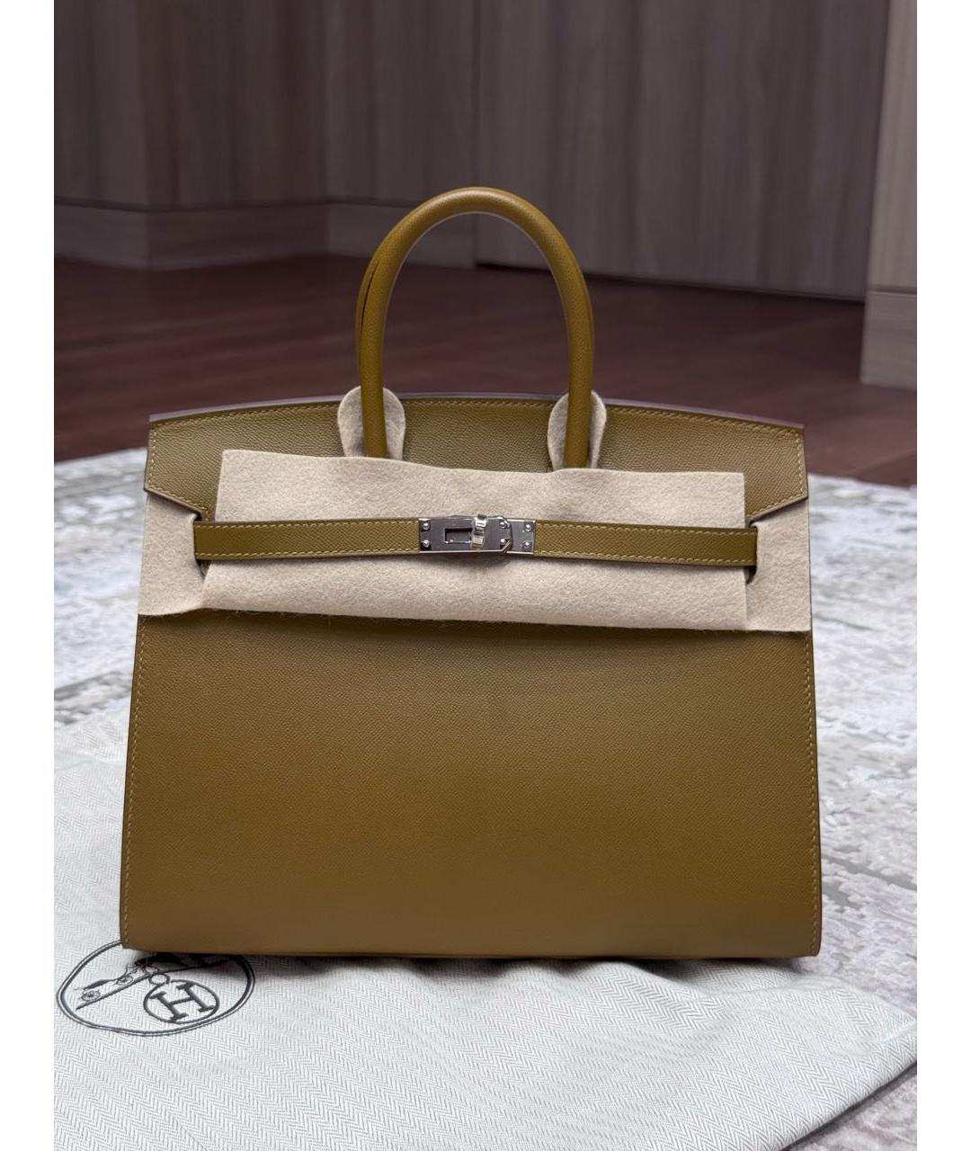 HERMES Горчичная кожаная сумка с короткими ручками, фото 5