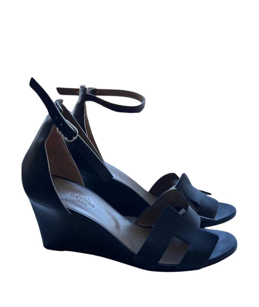 HERMES Черные кожаные босоножки, фото 1