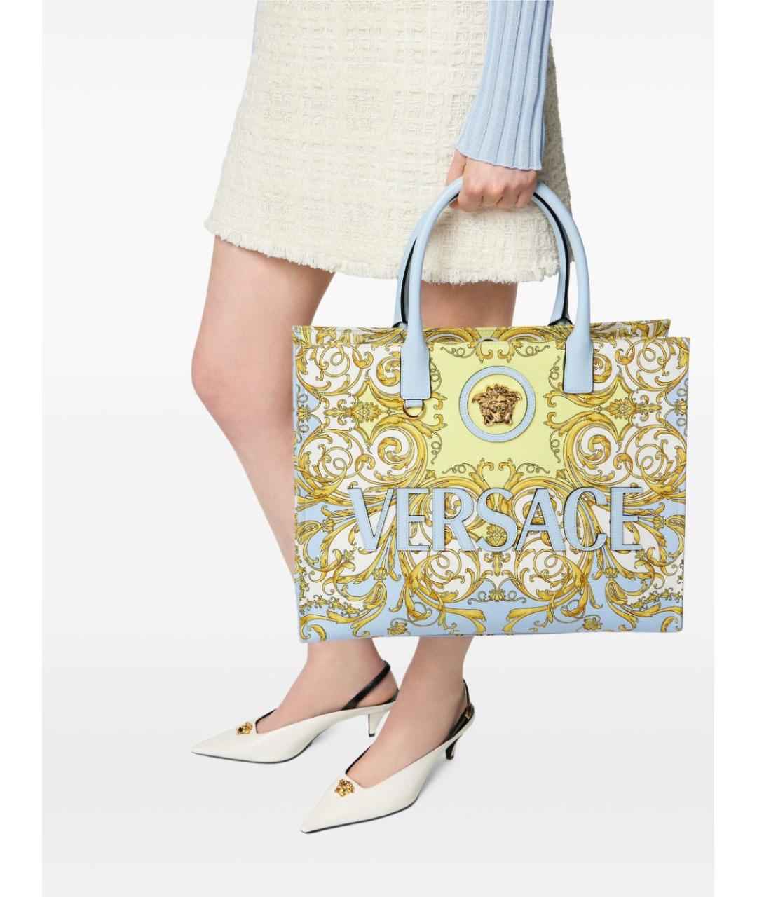 VERSACE Голубая кожаная сумка тоут, фото 5