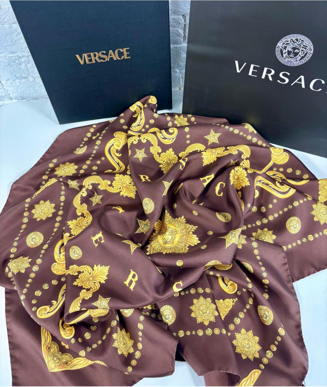 VERSACE Коричневый шелковый платок, фото 5