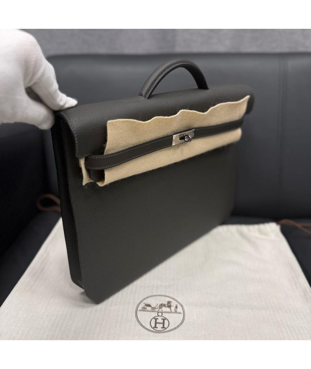 HERMES Антрацитовый кожаный портфель, фото 2