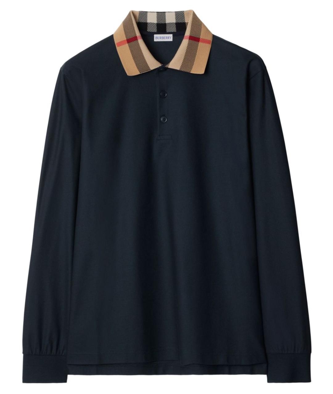BURBERRY Синее хлопковое поло с длинным рукавом, фото 1