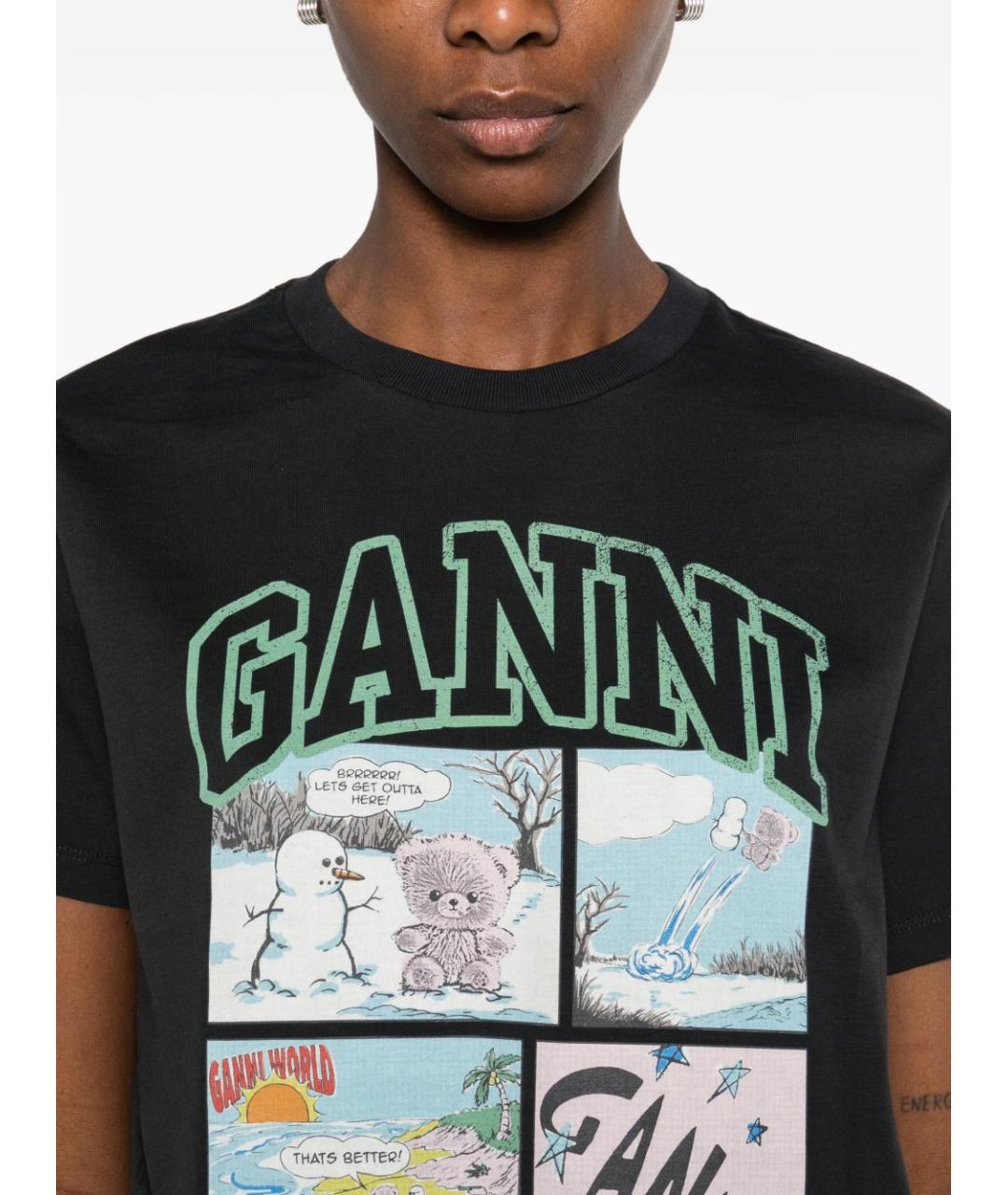 GANNI Черная хлопковая футболка, фото 4
