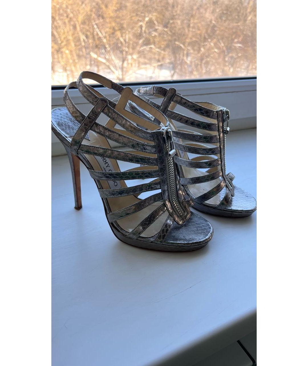 JIMMY CHOO Серебряные кожаные босоножки, фото 7