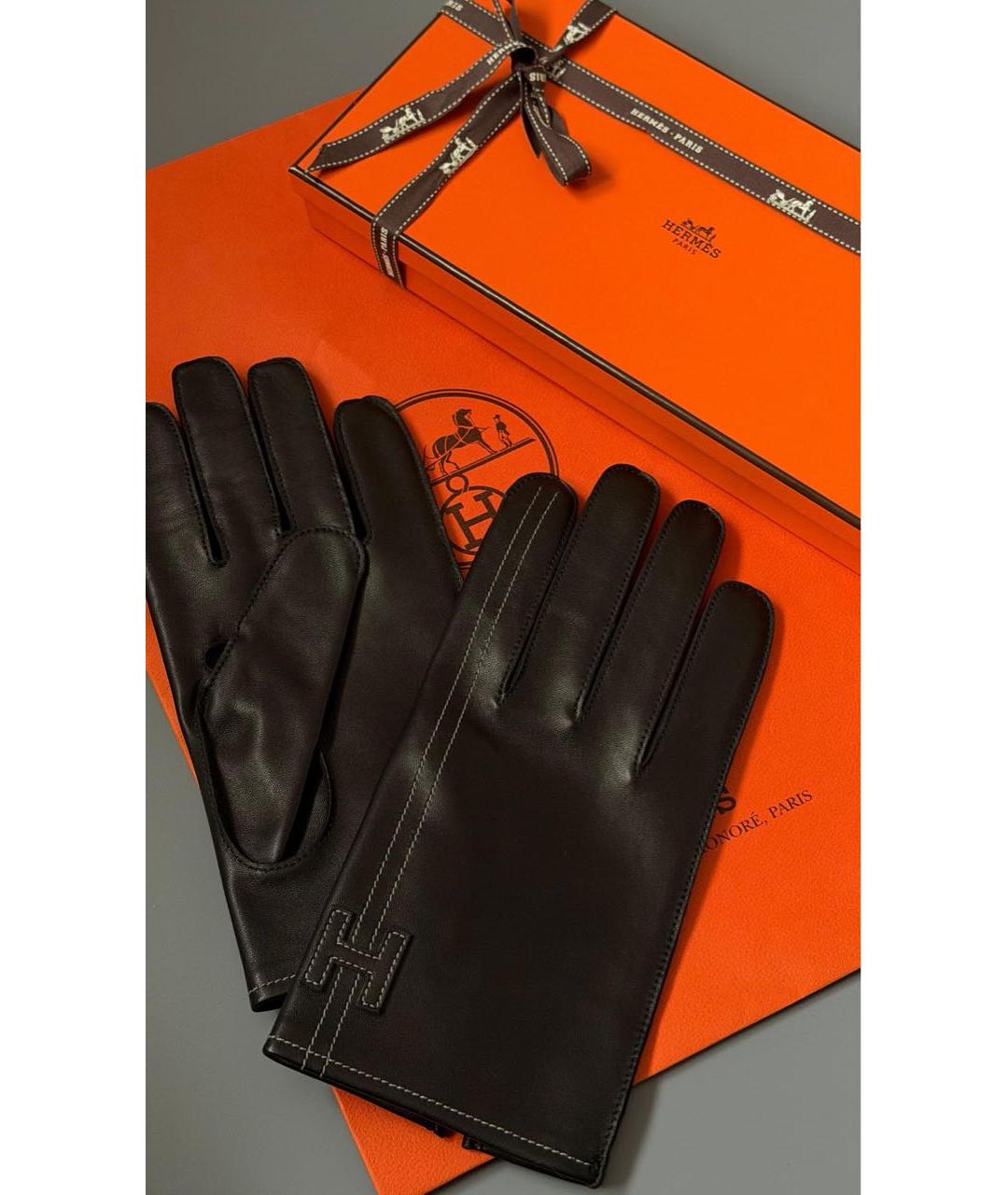 HERMES Черные кожаные перчатки, фото 2