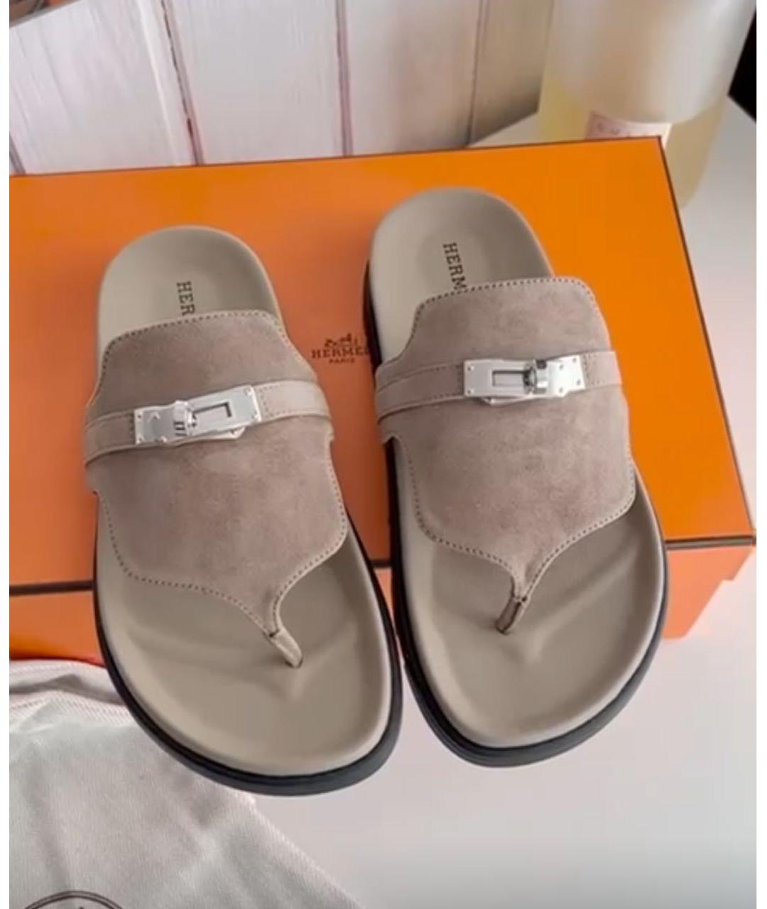 HERMES Бежевые замшевые шлепанцы, фото 2