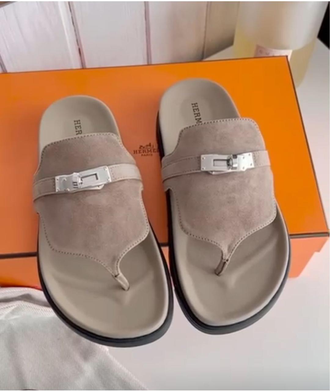 HERMES Бежевые замшевые шлепанцы, фото 5