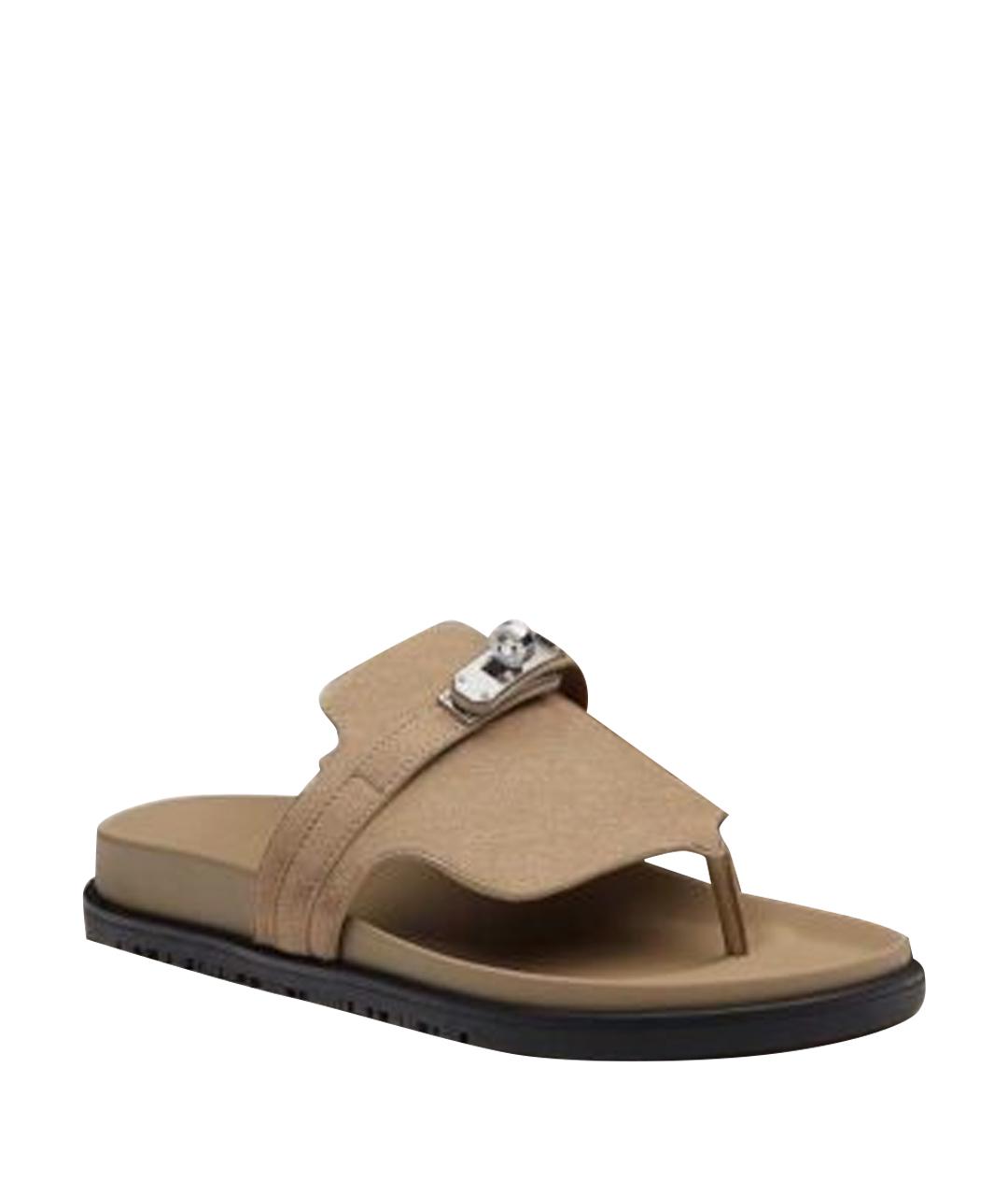 HERMES Бежевые замшевые шлепанцы, фото 4