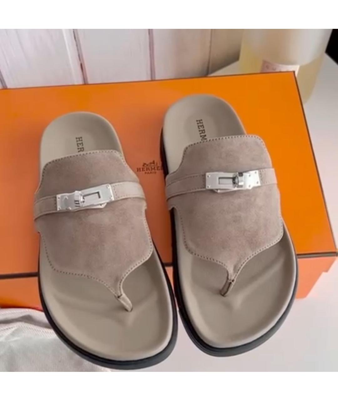 HERMES Бежевые замшевые шлепанцы, фото 3