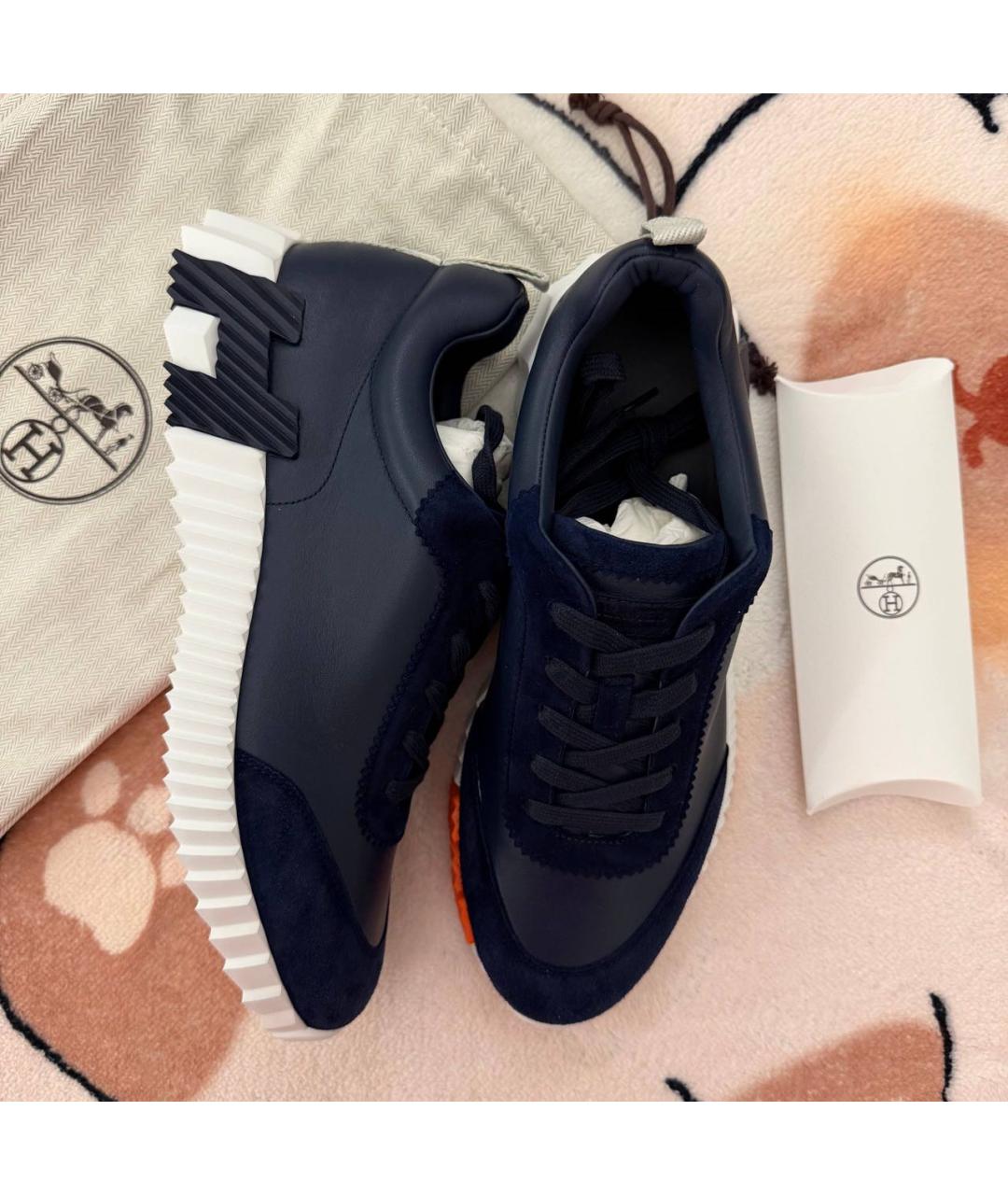 HERMES Темно-синие кожаные низкие кроссовки / кеды, фото 7