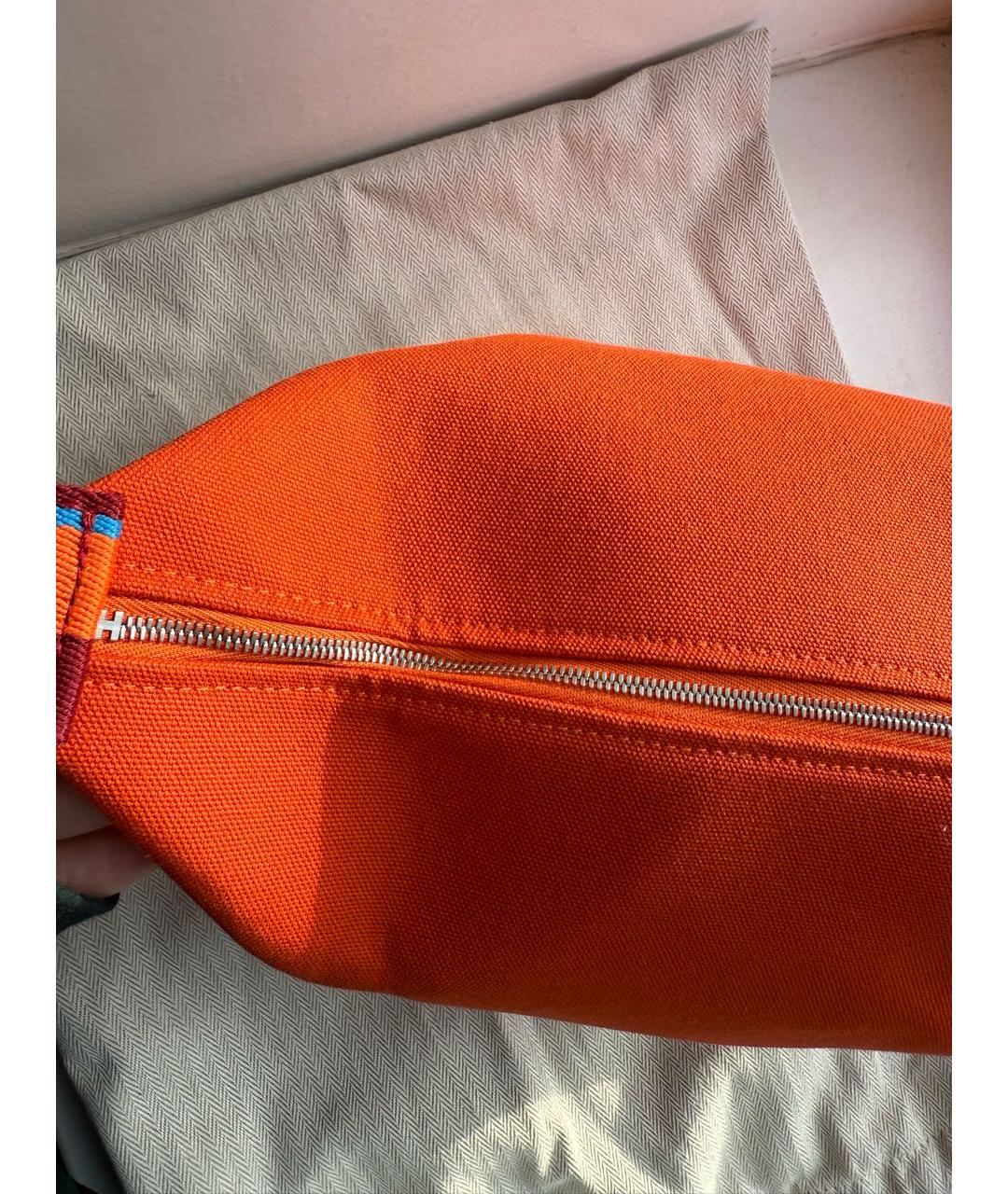 HERMES Оранжевая тканевая сумка с короткими ручками, фото 4