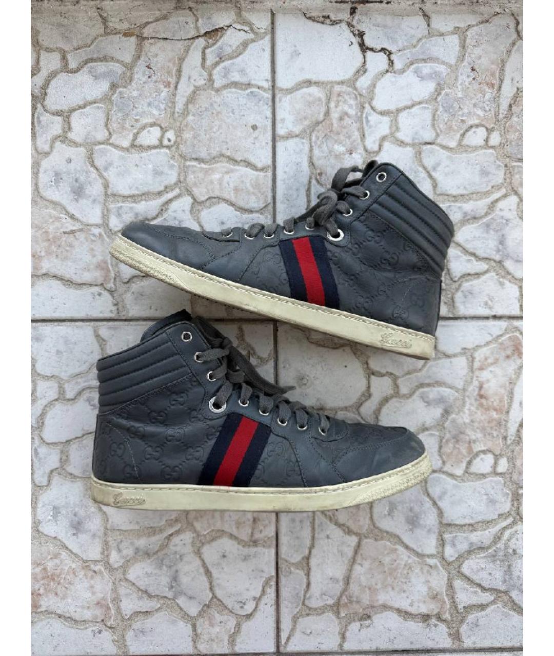 GUCCI Антрацитовые кожаные высокие кроссовки / кеды, фото 7