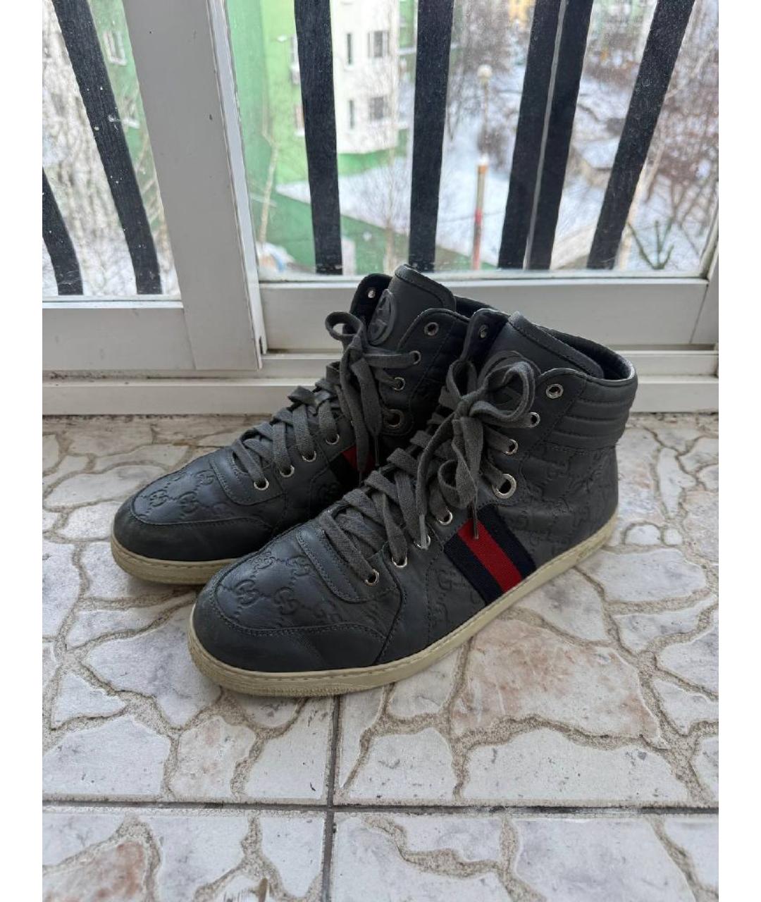 GUCCI Антрацитовые кожаные высокие кроссовки / кеды, фото 2
