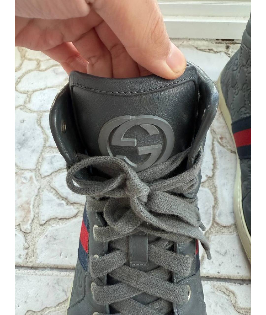 GUCCI Антрацитовые кожаные высокие кроссовки / кеды, фото 3