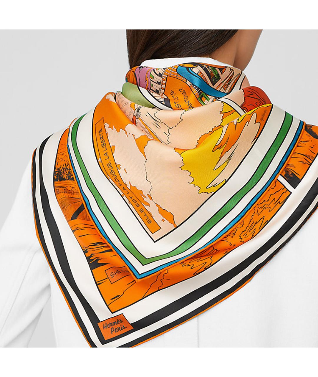 HERMES Оранжевый шелковый платок, фото 4
