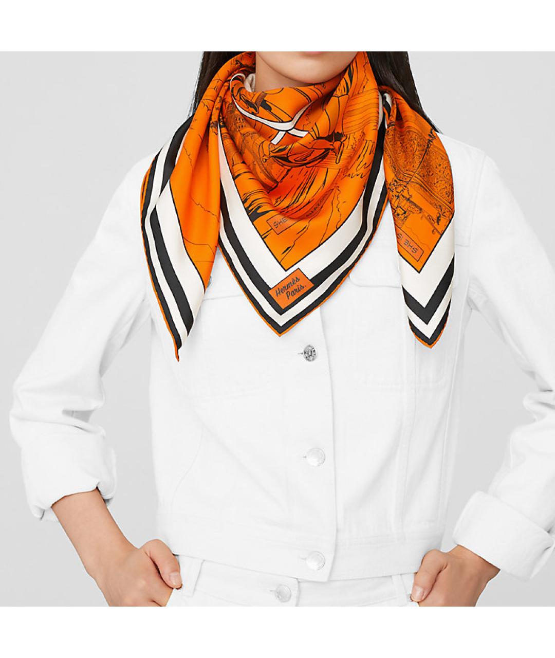 HERMES Оранжевый шелковый платок, фото 5