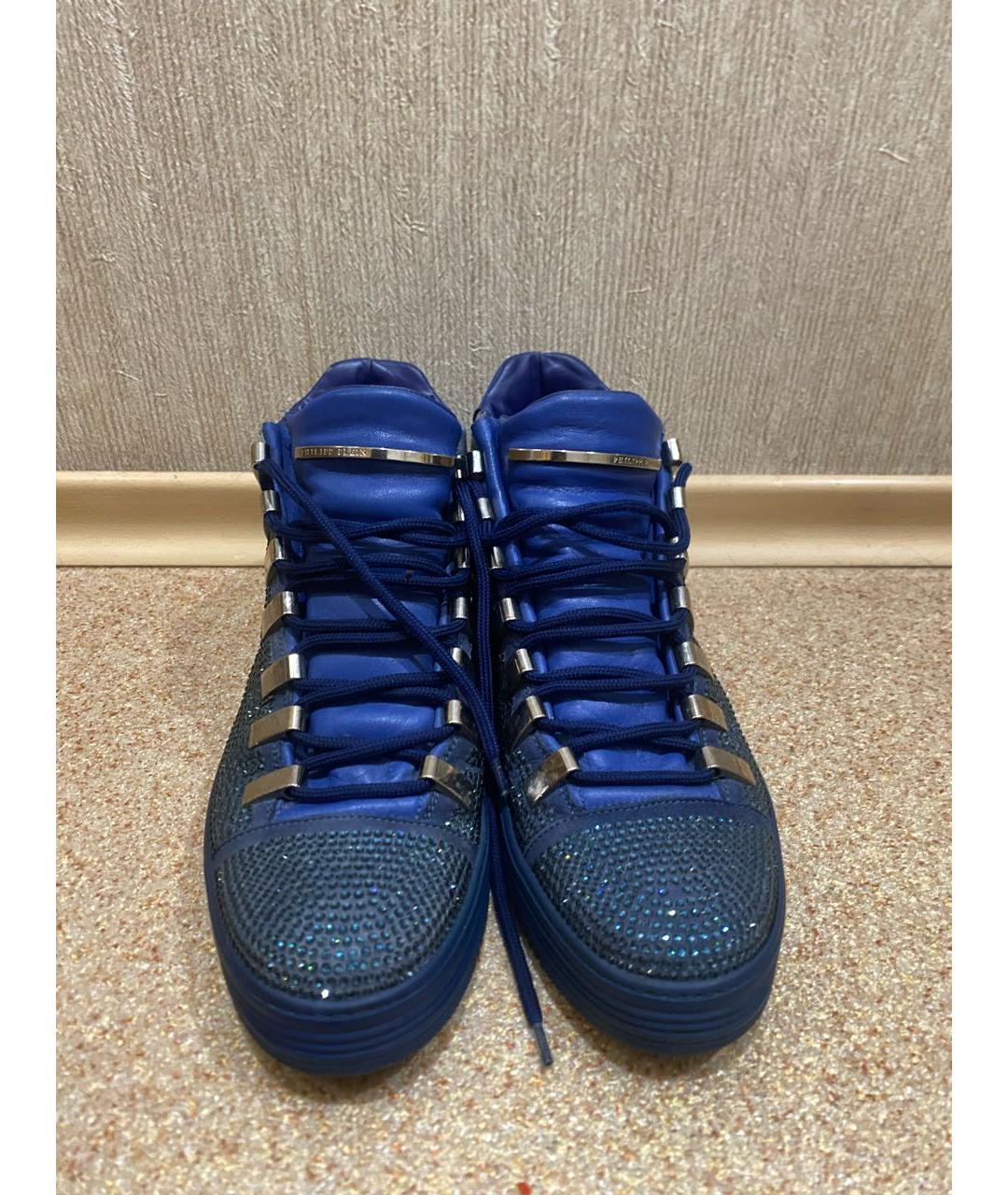 PHILIPP PLEIN Синие кожаные высокие кроссовки / кеды, фото 2