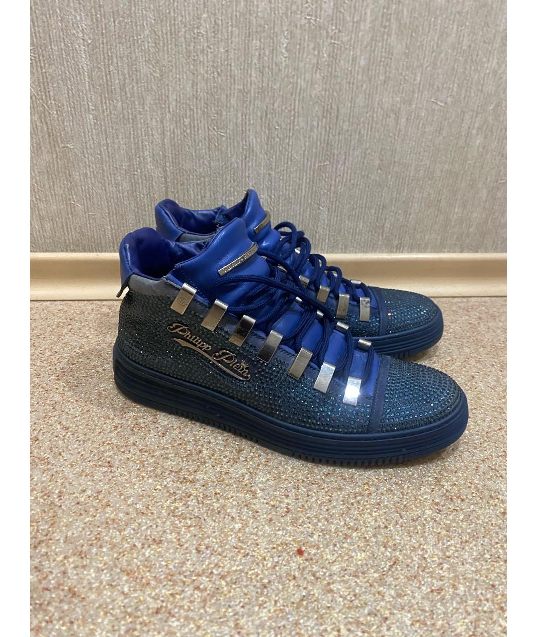 PHILIPP PLEIN Синие кожаные высокие кроссовки / кеды, фото 5
