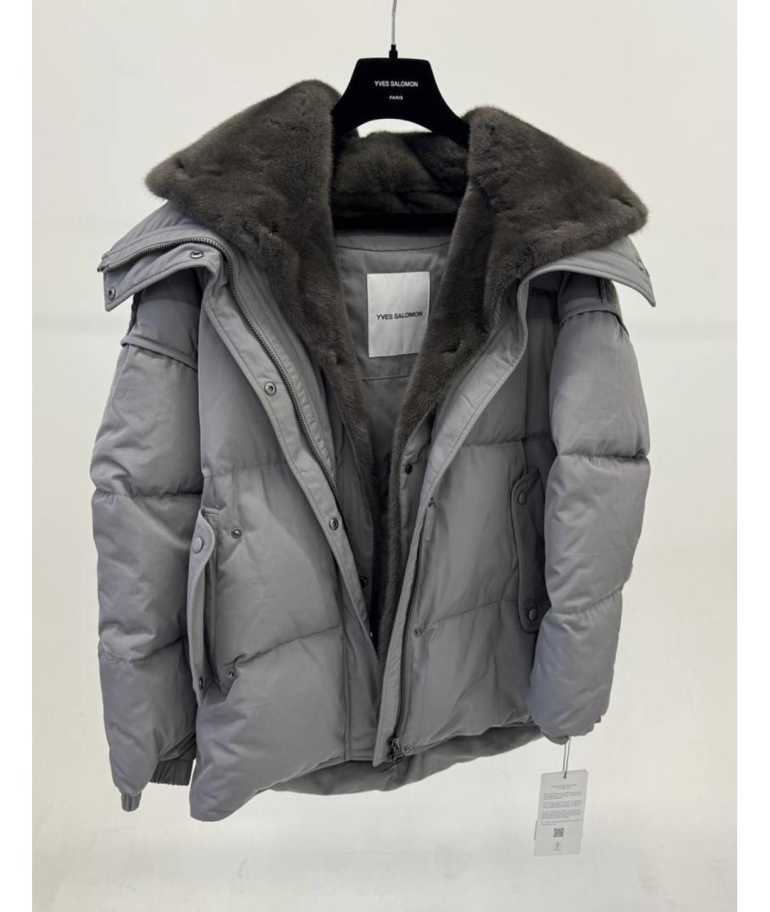 YVES SALOMON Серый полиэстеровый пуховик, фото 4