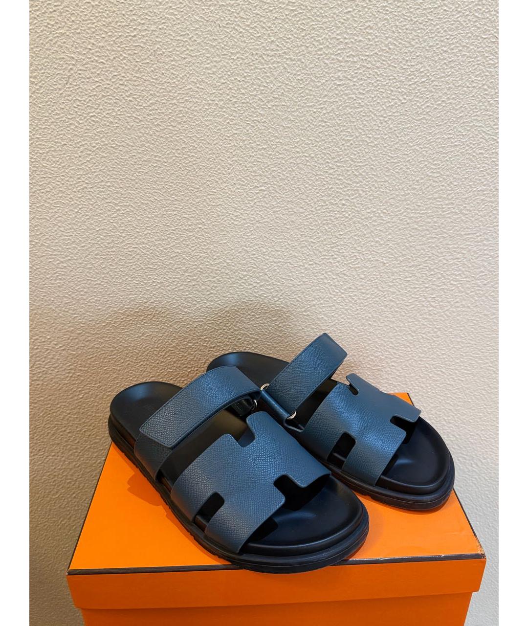 HERMES Темно-синие кожаные сандалии, фото 5