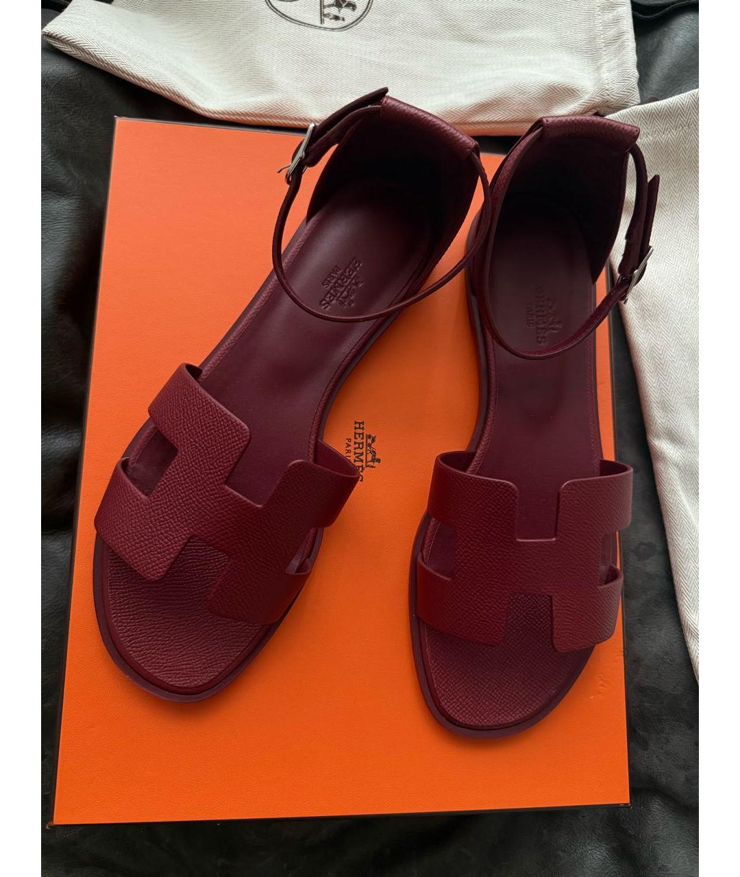 HERMES Бордовые кожаные босоножки, фото 4