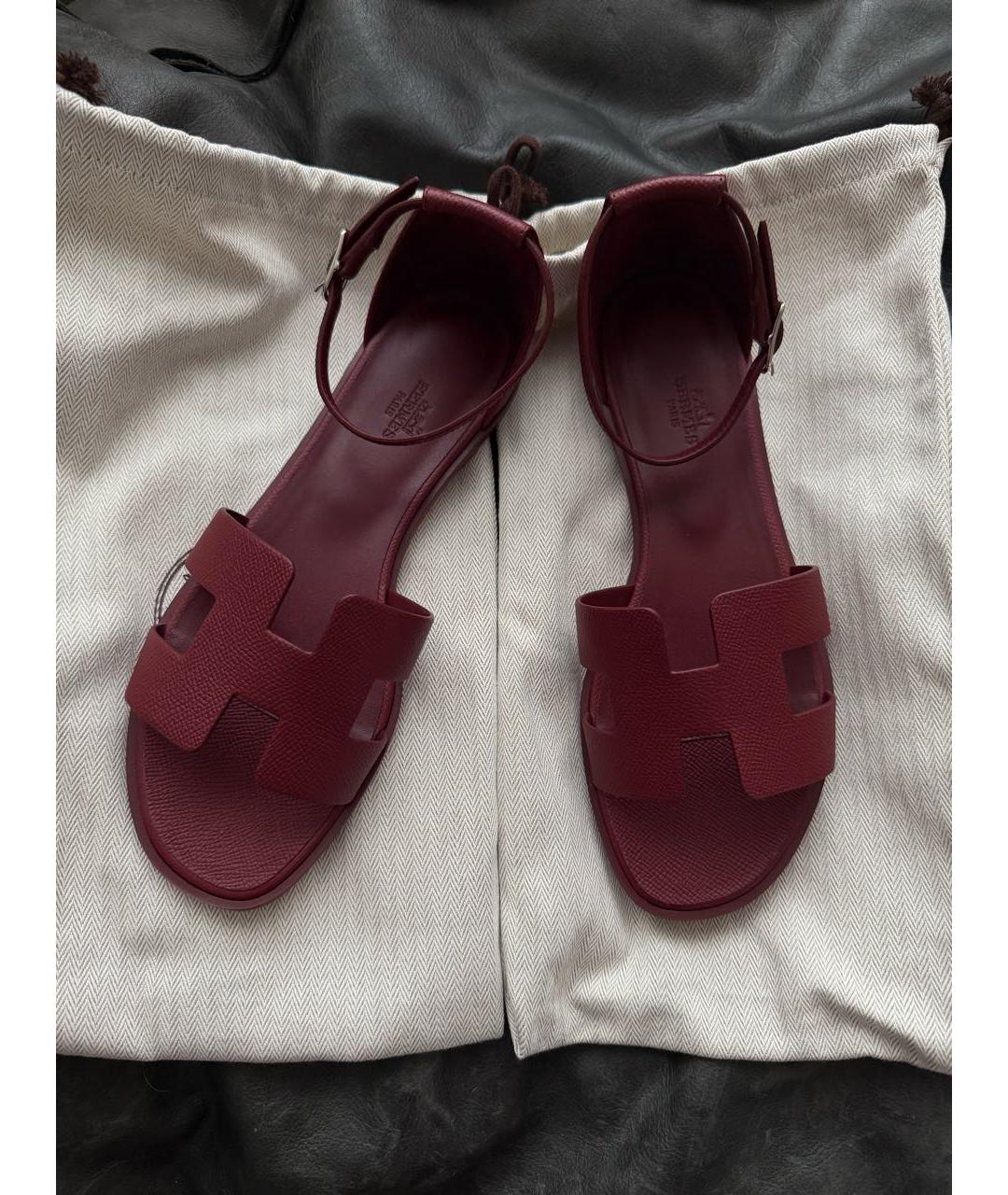 HERMES Бордовые кожаные босоножки, фото 2